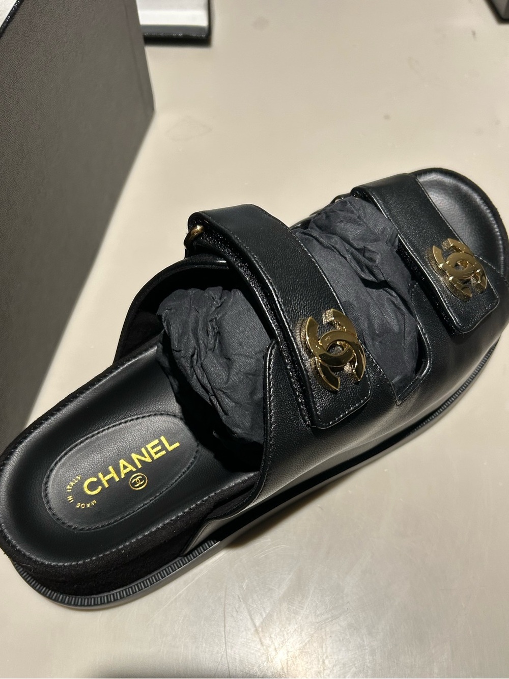CHANEL Black Leather Double-Strap Slide with Gold CC Accents